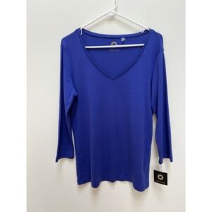 Amber Sun Women's L Shirt 100% Cotton 3/4‎ Sleeve Blue Soft Casual Capsule NWT